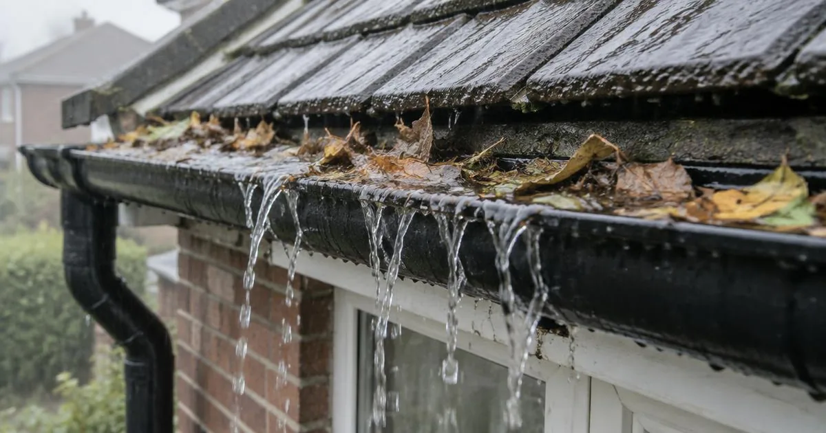 Rainwater overflowing from a blocked gutter during heavy rain