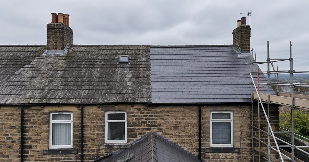 Older roof covering alongside a newly replaced section of roof
