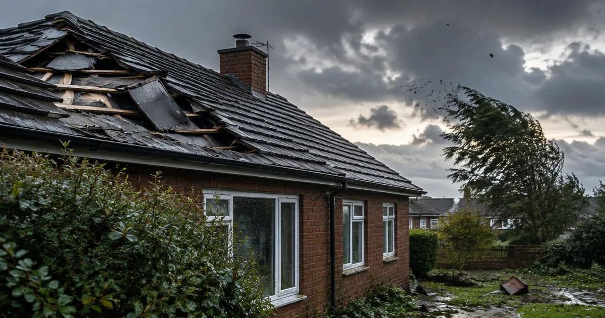 Roof tiles displaced and damaged by high winds on a brick house